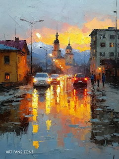 Palette knife painting of a rainy city street at dusk with golden sunset reflections and a church tower