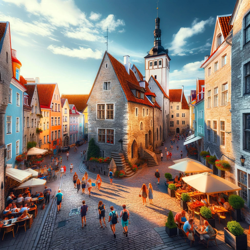 Colorful medieval buildings surrounding a cobblestone square in Tallinn's old town with church spire and outdoor cafes