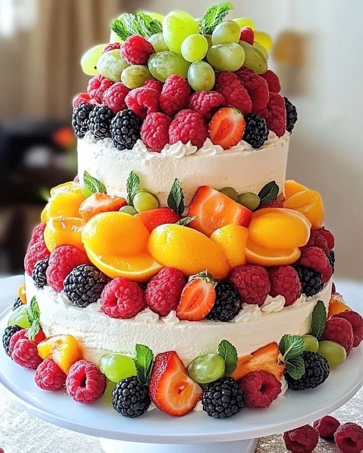 White layer cake topped with strawberries, berries, grapes, and orange fruit.