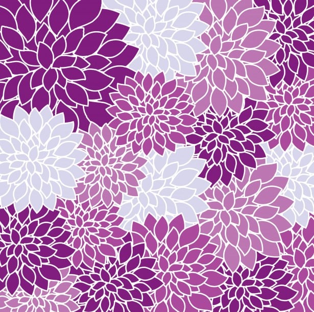 Purple and white stylized floral pattern with overlapping chrysanthemum-like blooms