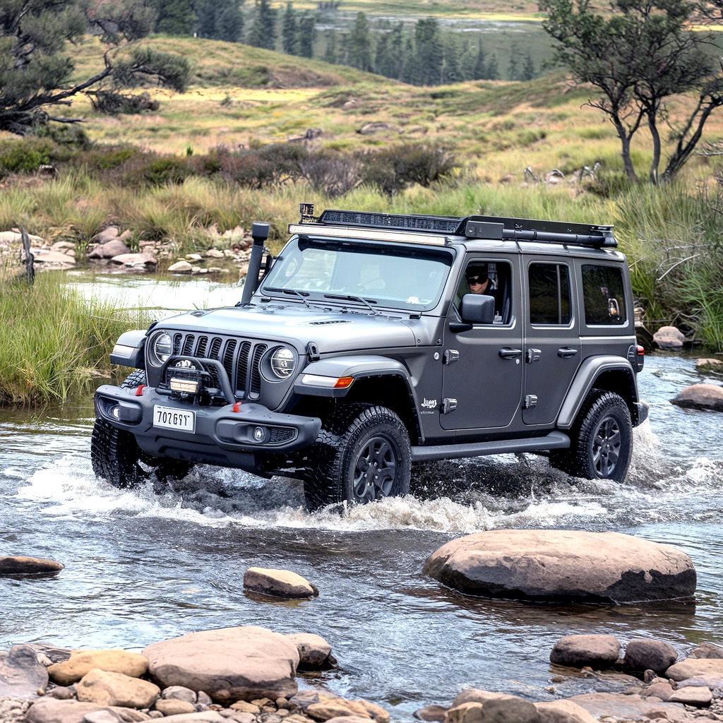 Gray Jeep Wrangler crossing a shallow rocky stream in outdoor terrain