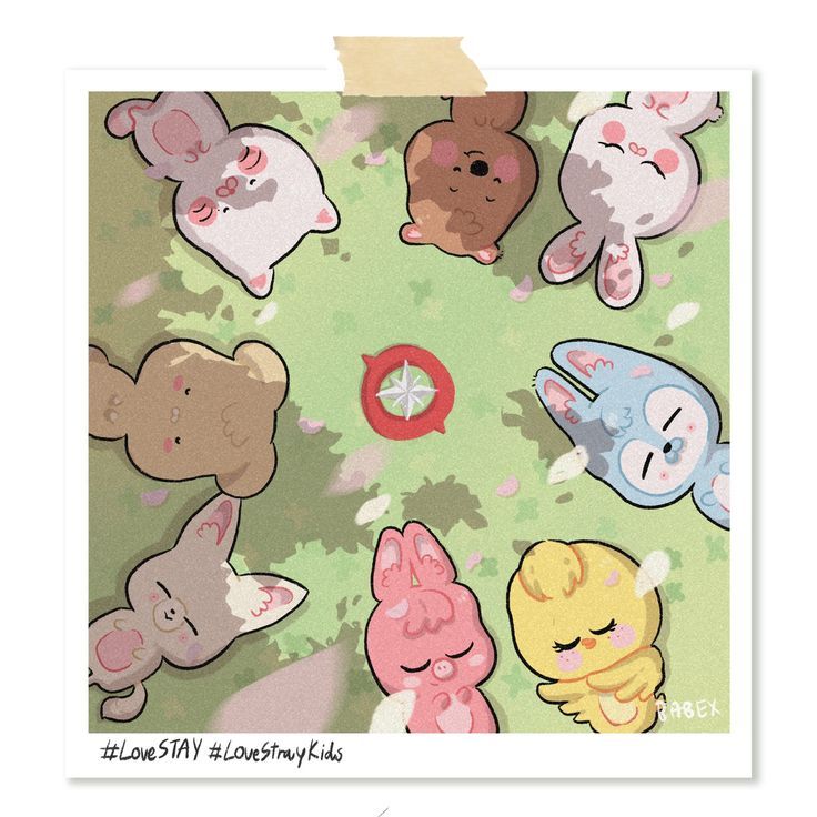 Nine cute cartoon ghost characters in pastel colors arranged in a circle on green background
