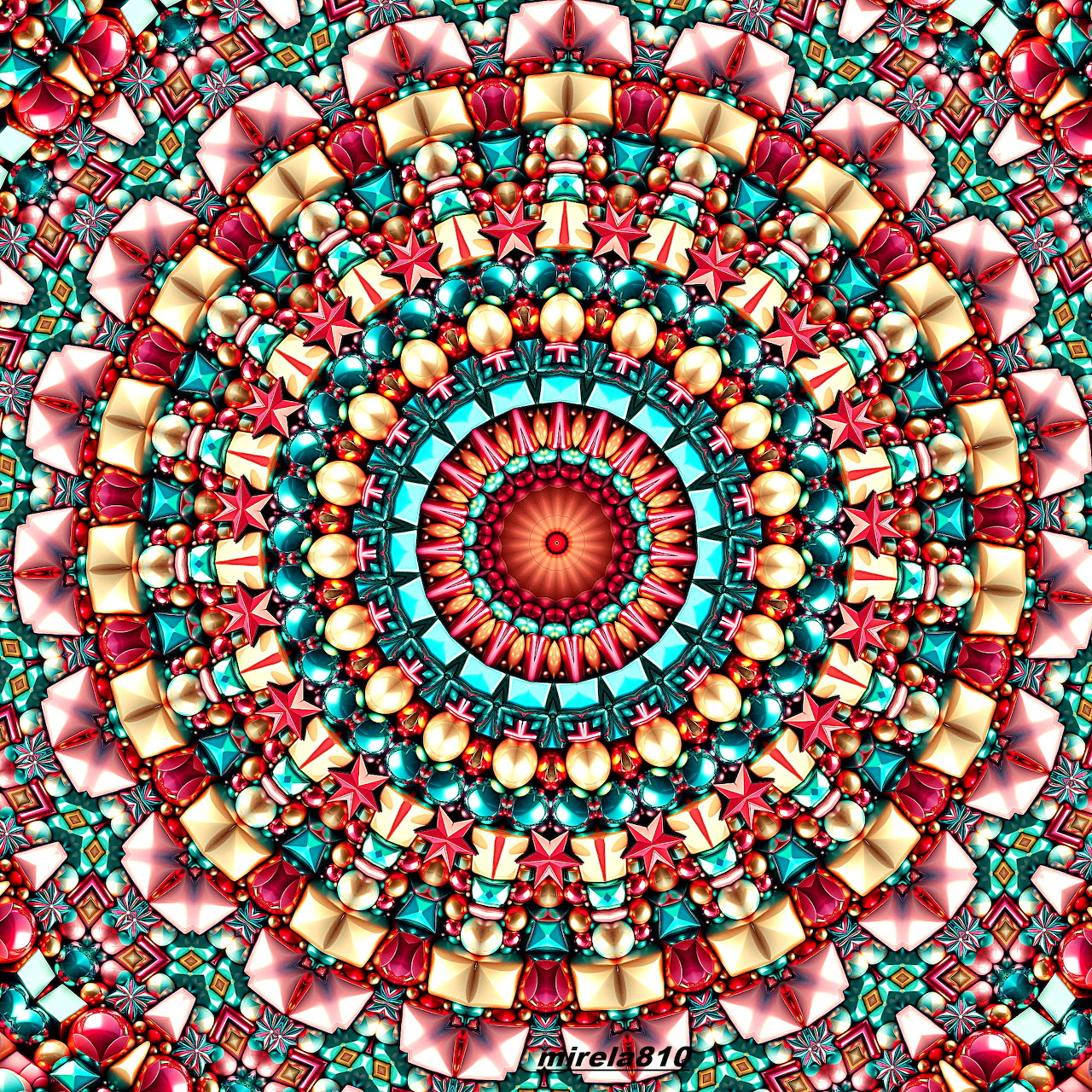 Colorful circular mandala with intricate geometric patterns radiating from red center in turquoise, red, and cream