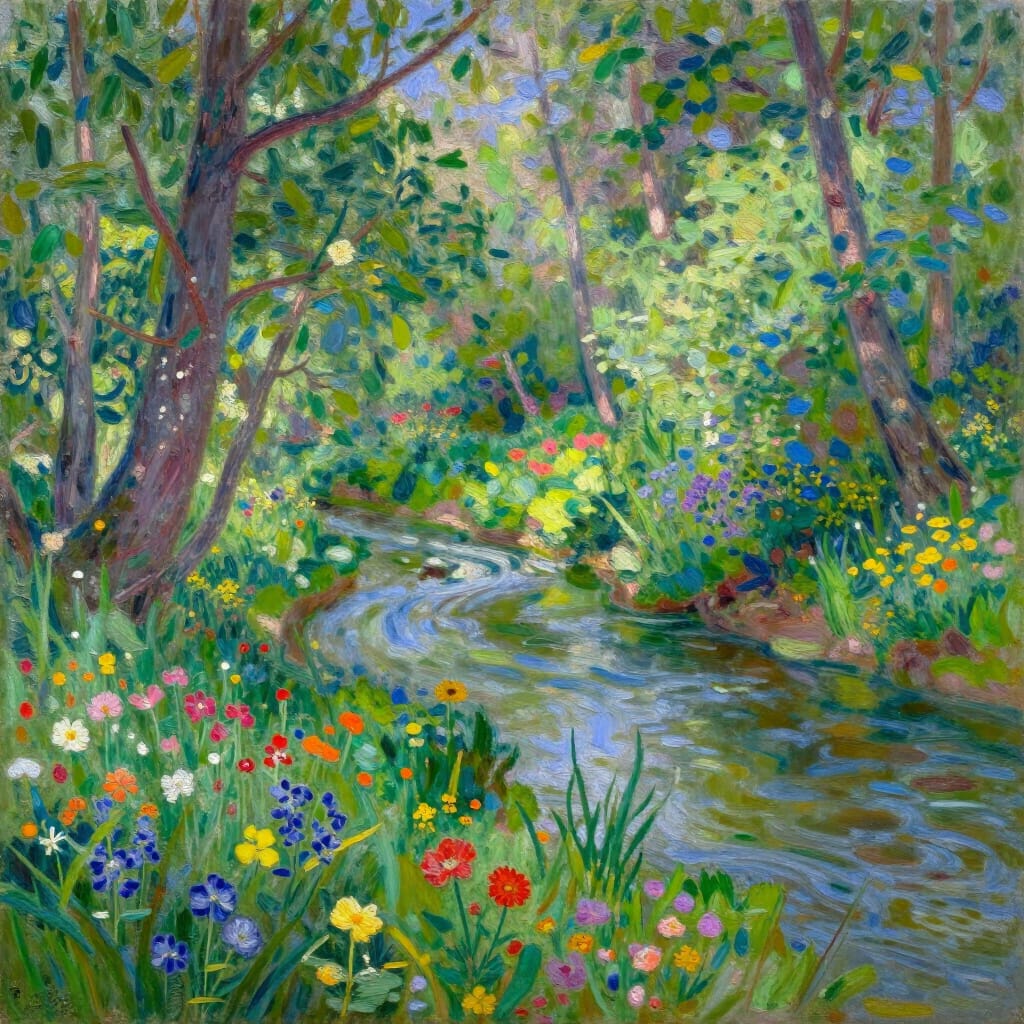 Impressionist painting of a stream flowing through a spring forest with colorful wildflowers and green trees