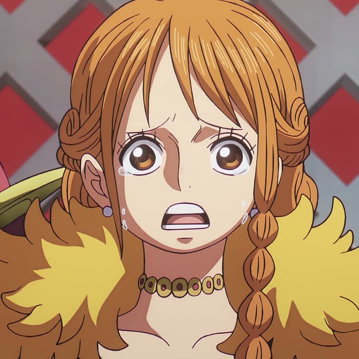 Anime girl with orange braided hair and yellow fur collar showing surprised expression