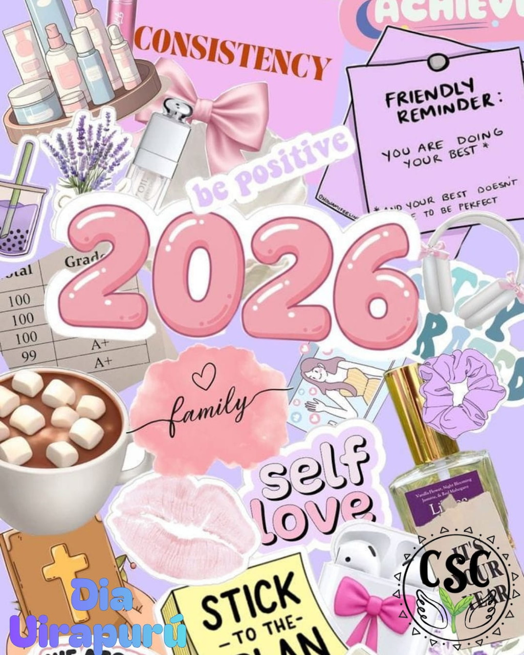 Pastel vision board collage with 2026 text, motivational stickers, lifestyle items and positive affirmations