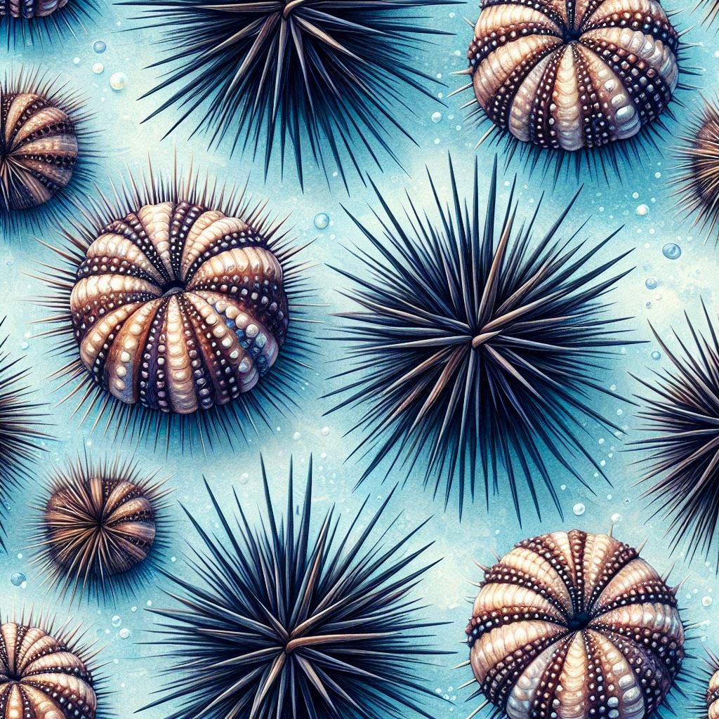 Illustrated sea urchins with dark spikes and patterned shells on a pale blue background