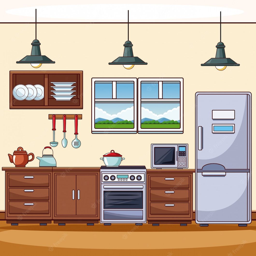 Illustrated kitchen with wooden cabinets, appliances, pendant lights, and window view