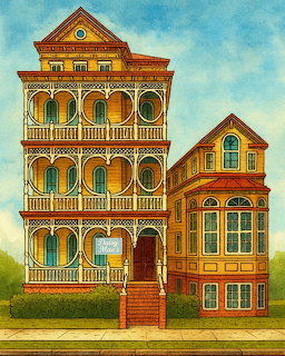 Ornate yellow Victorian house with detailed architectural features and arched windows
