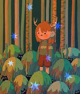 Illustrated child with antlers in a colorful forest with green creatures and glowing stars