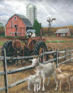 Old green tractor with white goats by fence, red barn and silo in background on farm