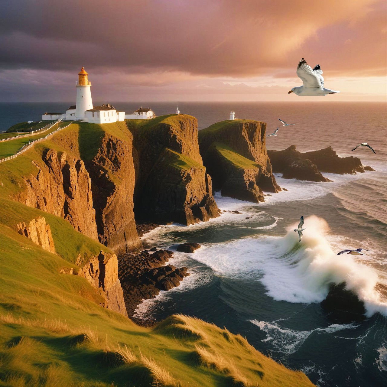 Lighthouse on steep coastal cliffs at sunset above crashing ocean waves and flying seabirds