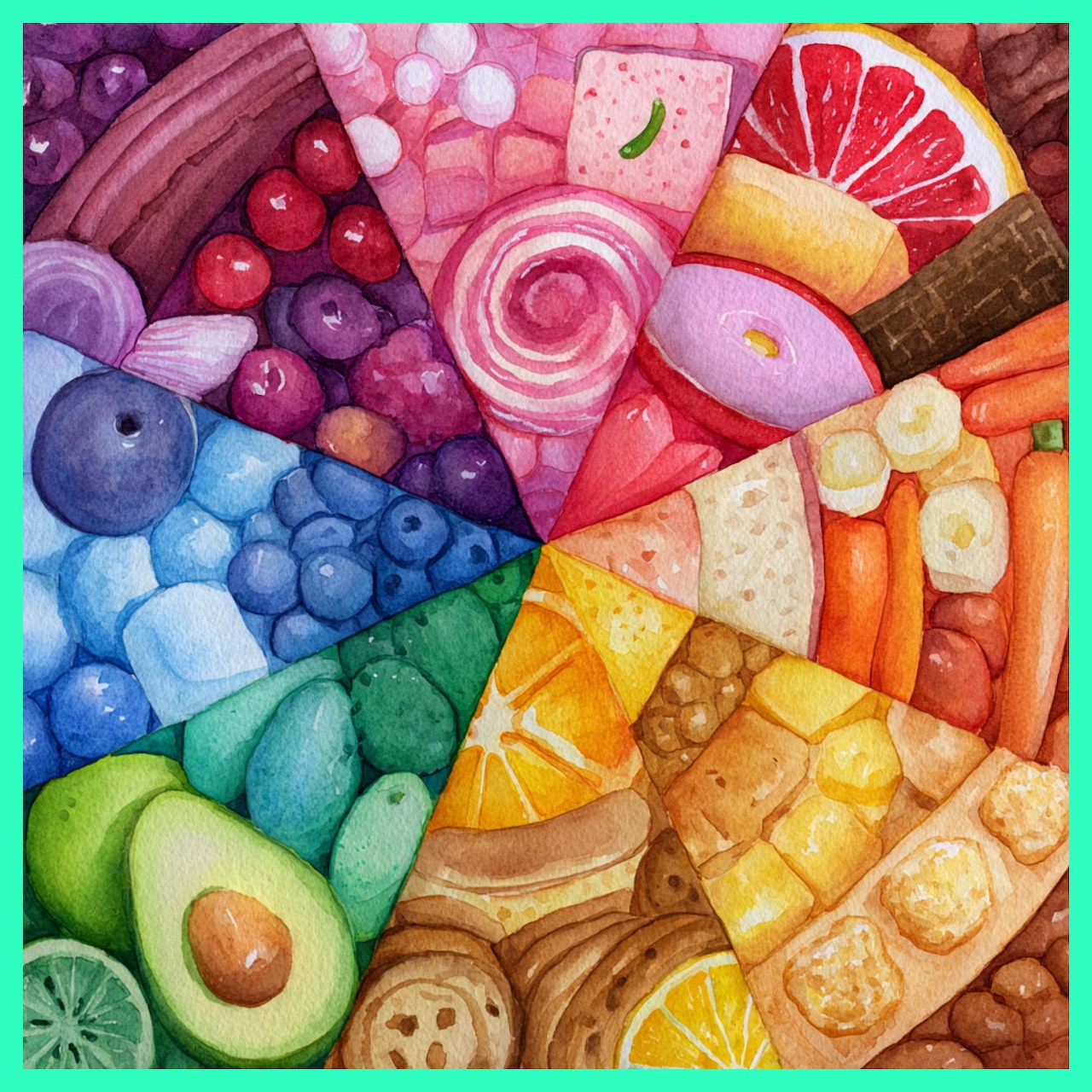 Colorful food color wheel illustration with fruits, vegetables, bread, cheese, and sweets in rainbow wedges