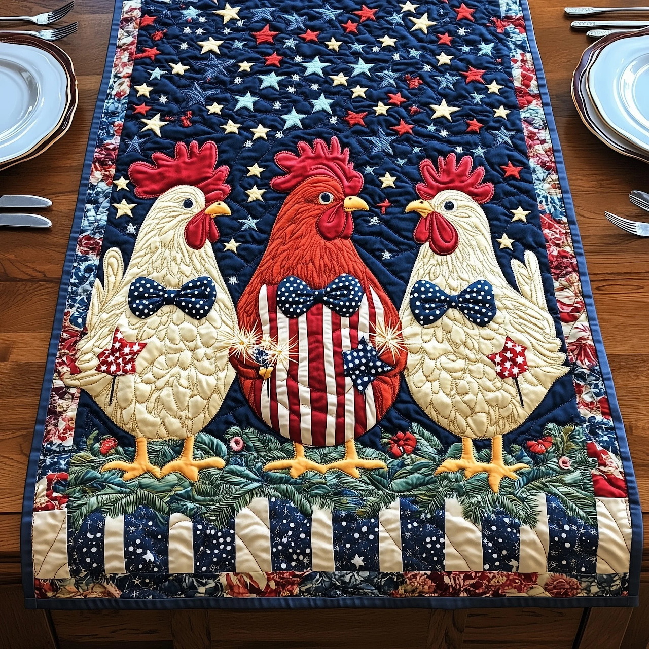 Quilted table runner with three red, white, and blue roosters on a wooden table