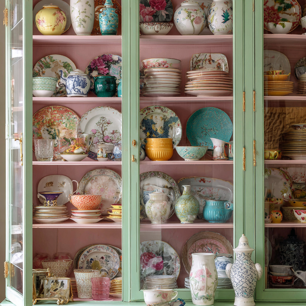 Pastel green china cabinet filled with colorful vintage dishes and decorative ceramics on pink shelves