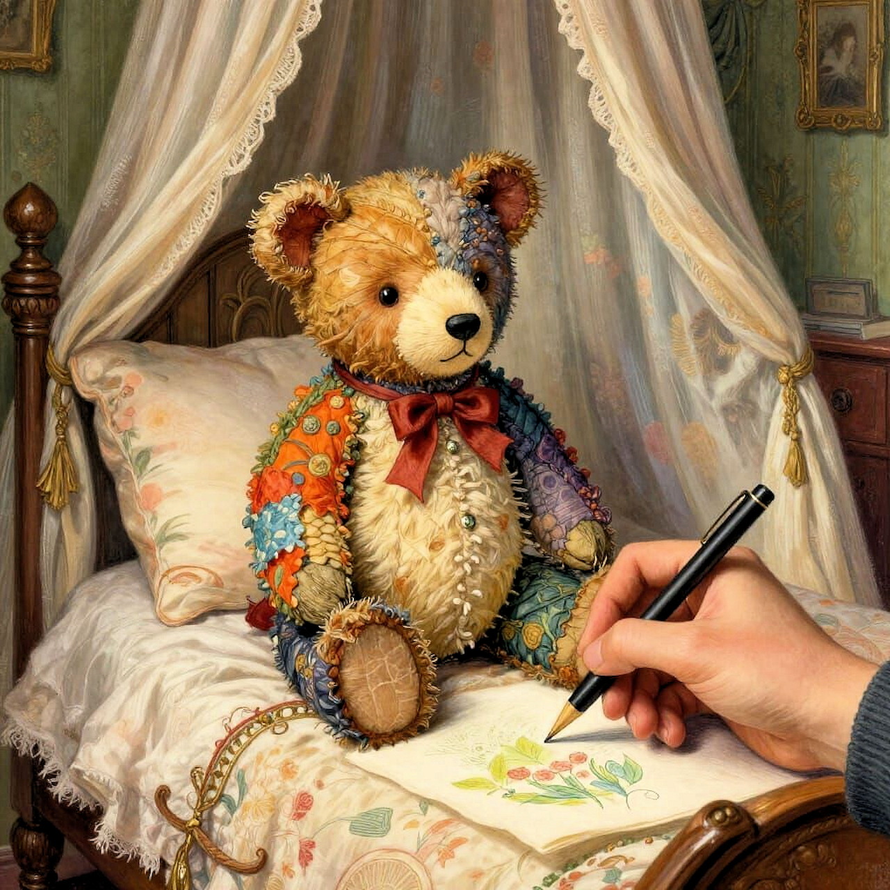 Colorful patchwork teddy bear on bed being sketched by hand