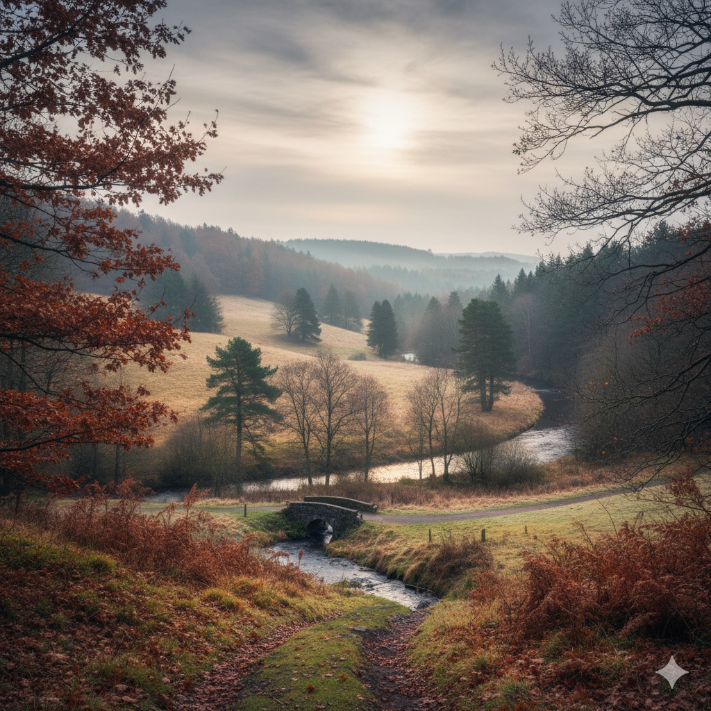 Misty autumn valley with a winding stream, bare trees, and a grassy path under soft sunrise light