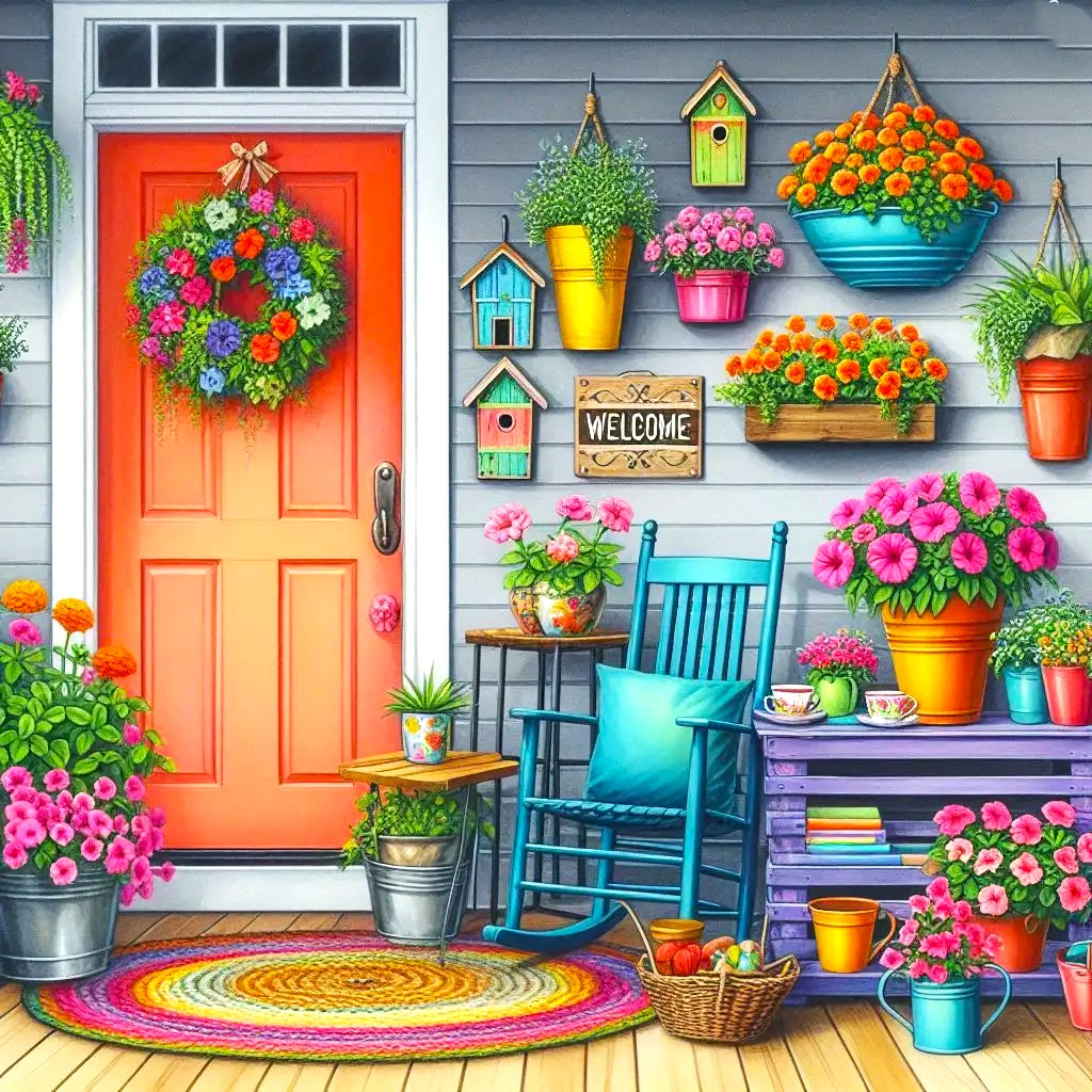 Cheerful cottage porch decorated with colorful flowers, rocking chair, wreath, and rainbow rug