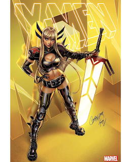 X-Men comic cover illustration of Magik in black armor holding glowing sword against a gold background