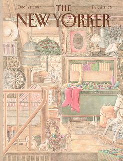 Illustrated New Yorker magazine cover depicting a clutered attic with Christmas decorations and vintage objects