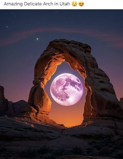 Delicate Arch natural stone arch in Utah with a full moon visible through the opening at twilight