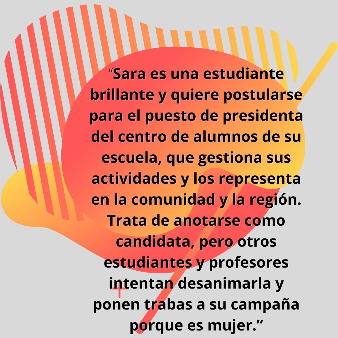 Abstract gray graphic with orange striped shape, yellow accents, and centered Spanish text