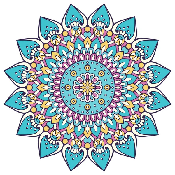 Colorful mandala with turquoise petals and purple, yellow geometric patterns in symmetrical design