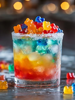 Colorful layered cocktail topped with gummy bears in a sugar-rimmed glass