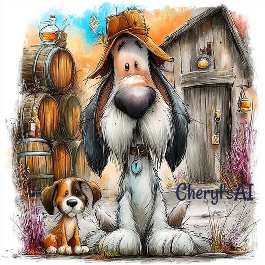 Illustrated shaggy dog in a hat with a puppy beside barrels and a rustic barn
