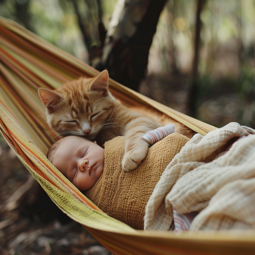Sleeping baby wrapped in a blanket with a ginger cat cuddling beside them in a hammock outdoors