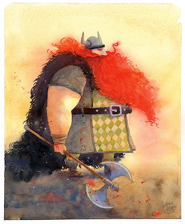 Watercolor illustration of a Viking warrior with red hair, horned helmet, and battle axe