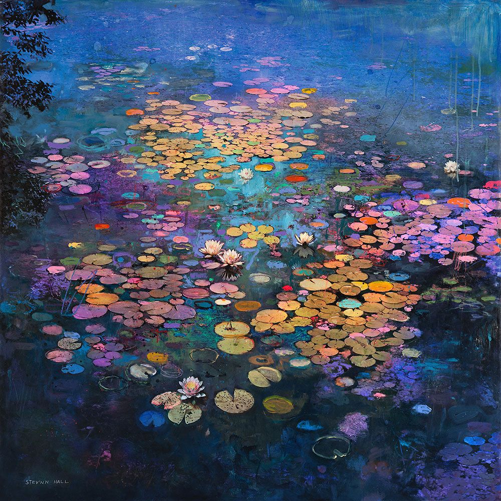 Impressionist painting of pink, yellow, and orange water lilies on dark blue water
