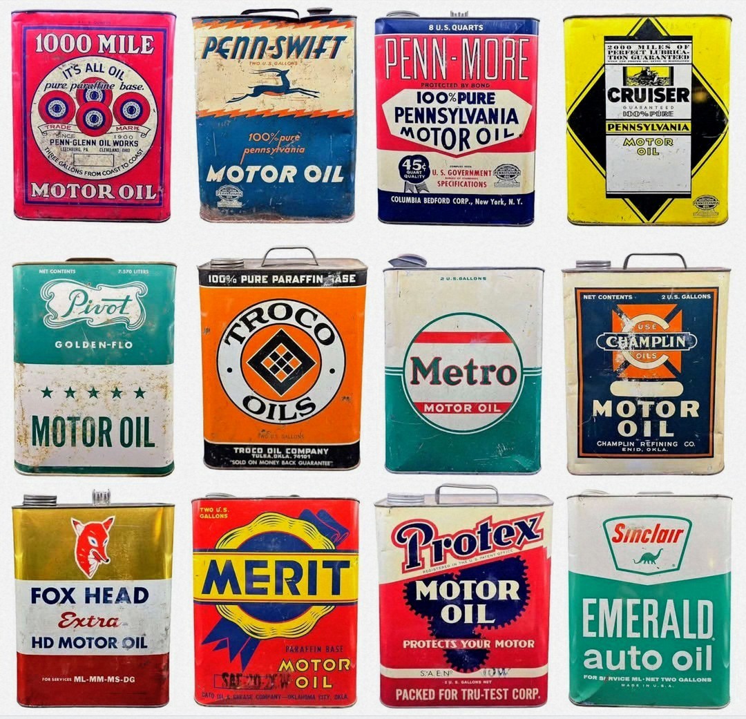 Grid of twelve vintage motor oil cans with retro labels in various colors including red, blue, yellow, and green