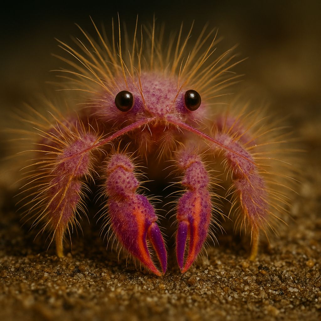 Close-up of a pink hairy squat lobster standing on sand with long spines and dark eyes