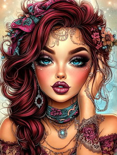 Colorful fantasy art portrait of a woman with flowing hair
