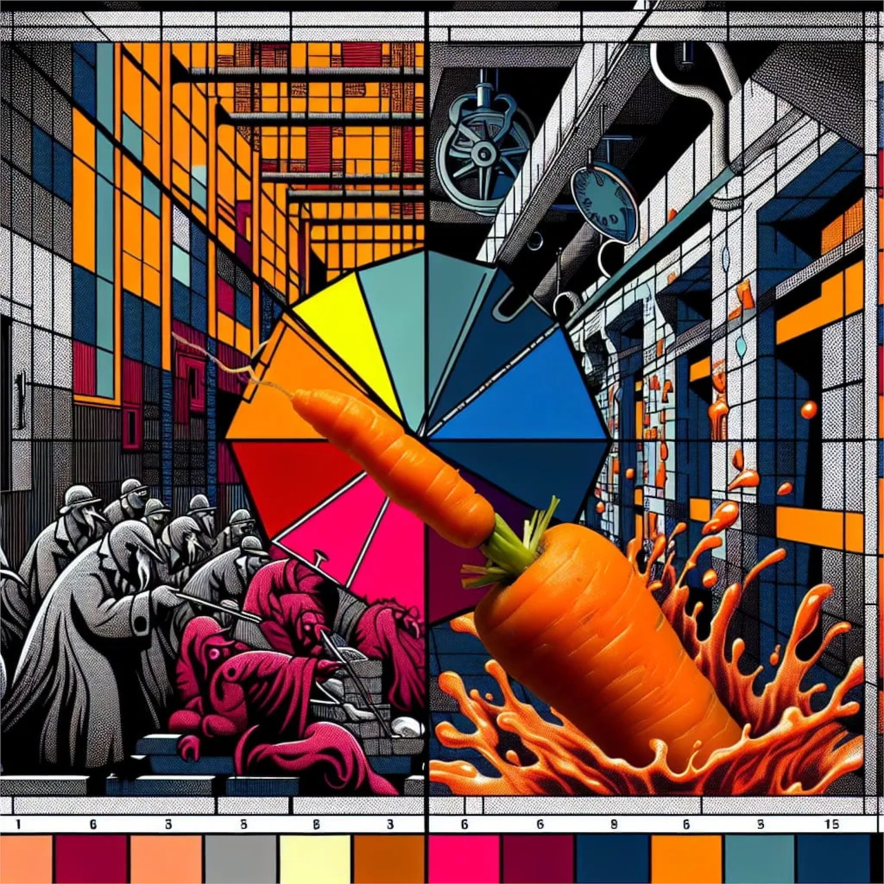 Surreal collage with rainbow umbrella, giant carrot, workers, and geometric buildings in vibrant colors