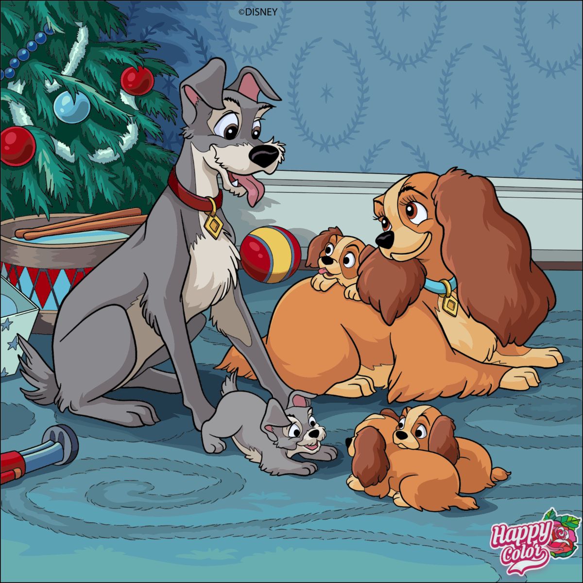 Lady and the Tramp with four puppies beside Christmas tree, cartoon illustration