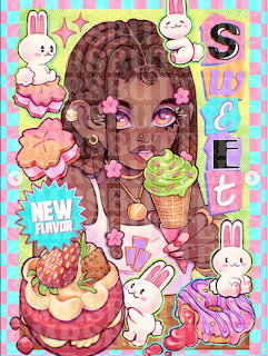 Anime girl with brown braids holding ice cream surrounded by cute bunnies and colorful desserts