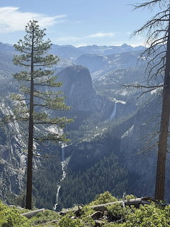 Yosemite Valley view with waterfalls and granite cliffs framed by tall pine trees