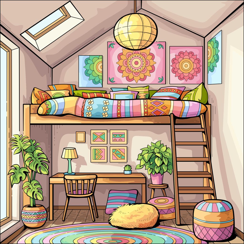Colorful illustrated attic bedroom with loft bed, desk, plants, rugs, and floral wall art
