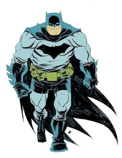Illustration of Batman in a gray suit with a black cape on a white background.