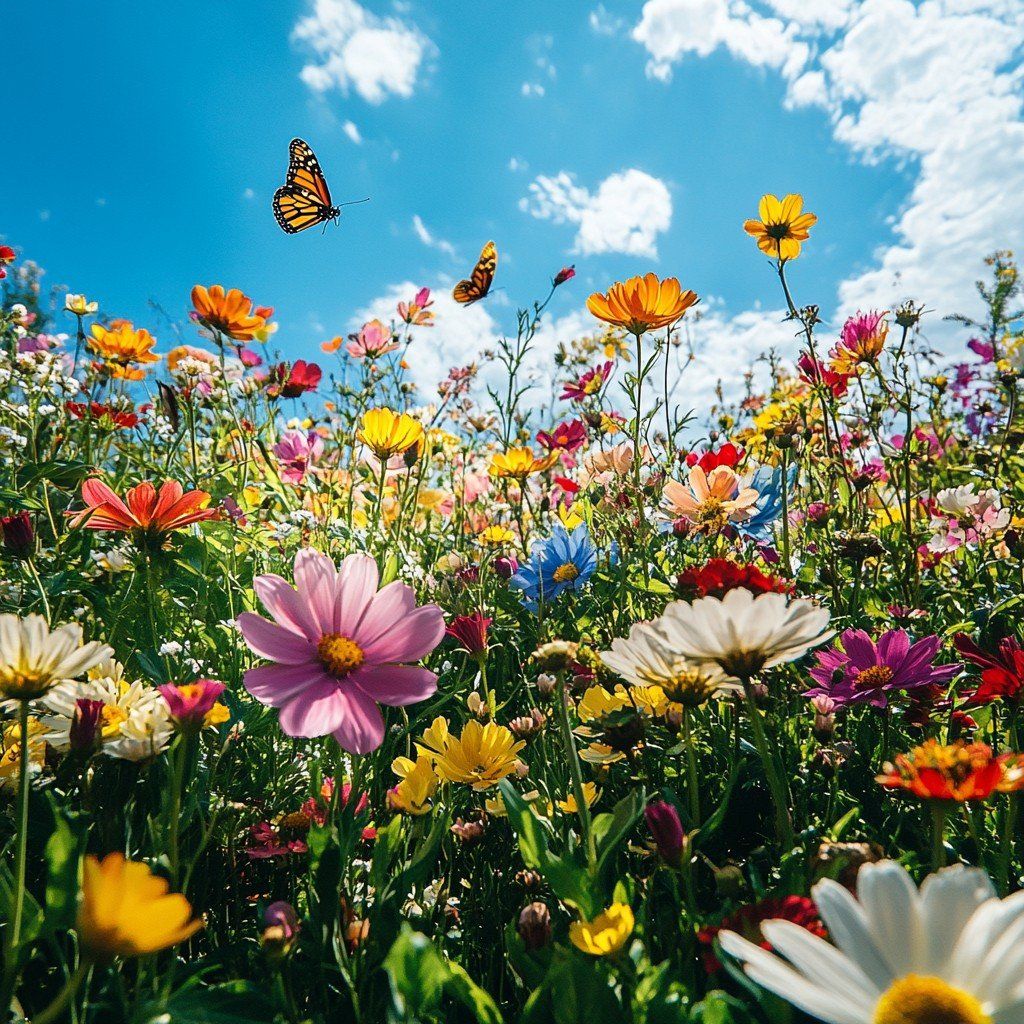 Colorful wildflower meadow under a blue sky with clouds and butterflies