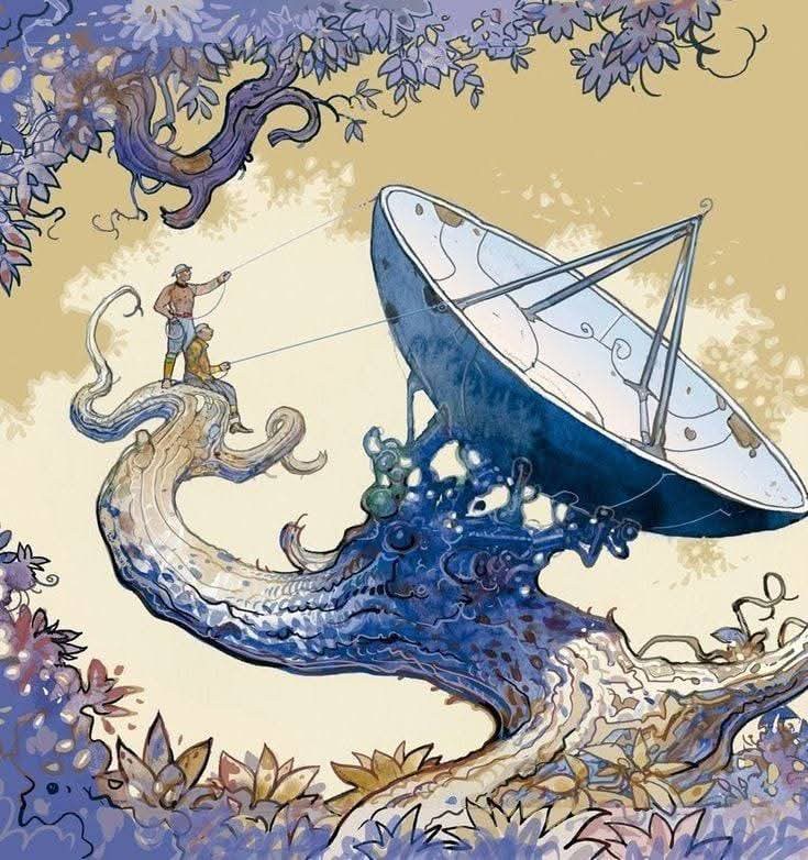 Surreal Moebius-style illustration of a figure atop a swirling organic form beside a large satellite dish