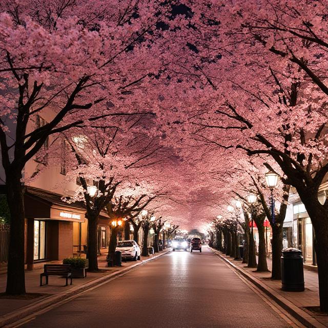 Quiet street lined with cherry blossom trees in bloom at dusk