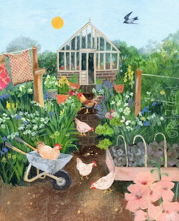 Illustrated garden with chickens, greenhouse, colorful flowers, wheelbarrow, clothesline, and a grey cat