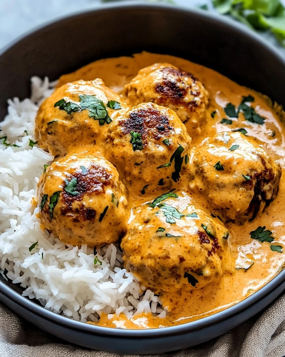 Meatballs in creamy orange curry sauce with white rice and cilantro in a dark bowl