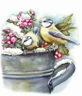 Watercolor painting of two birds on a snowy bucket with pink berries and green leaves