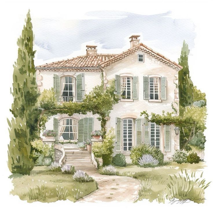 French Country House Watercolor