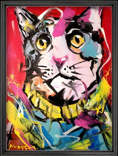 Colorful abstract painting of a cat with large yellow eyes and geometric pink, red, yellow and blue brushstrokes