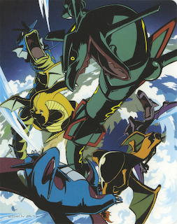 Mega Rayquaza flying through blue sky with clouds, green dragon-type legendary Pokémon in dynamic pose